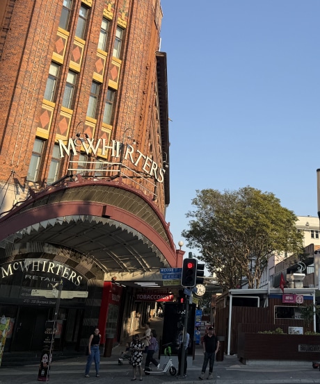 Brunswick Street Mall, showing the end of the mall and also McWhirters, in Fortitude Valley.